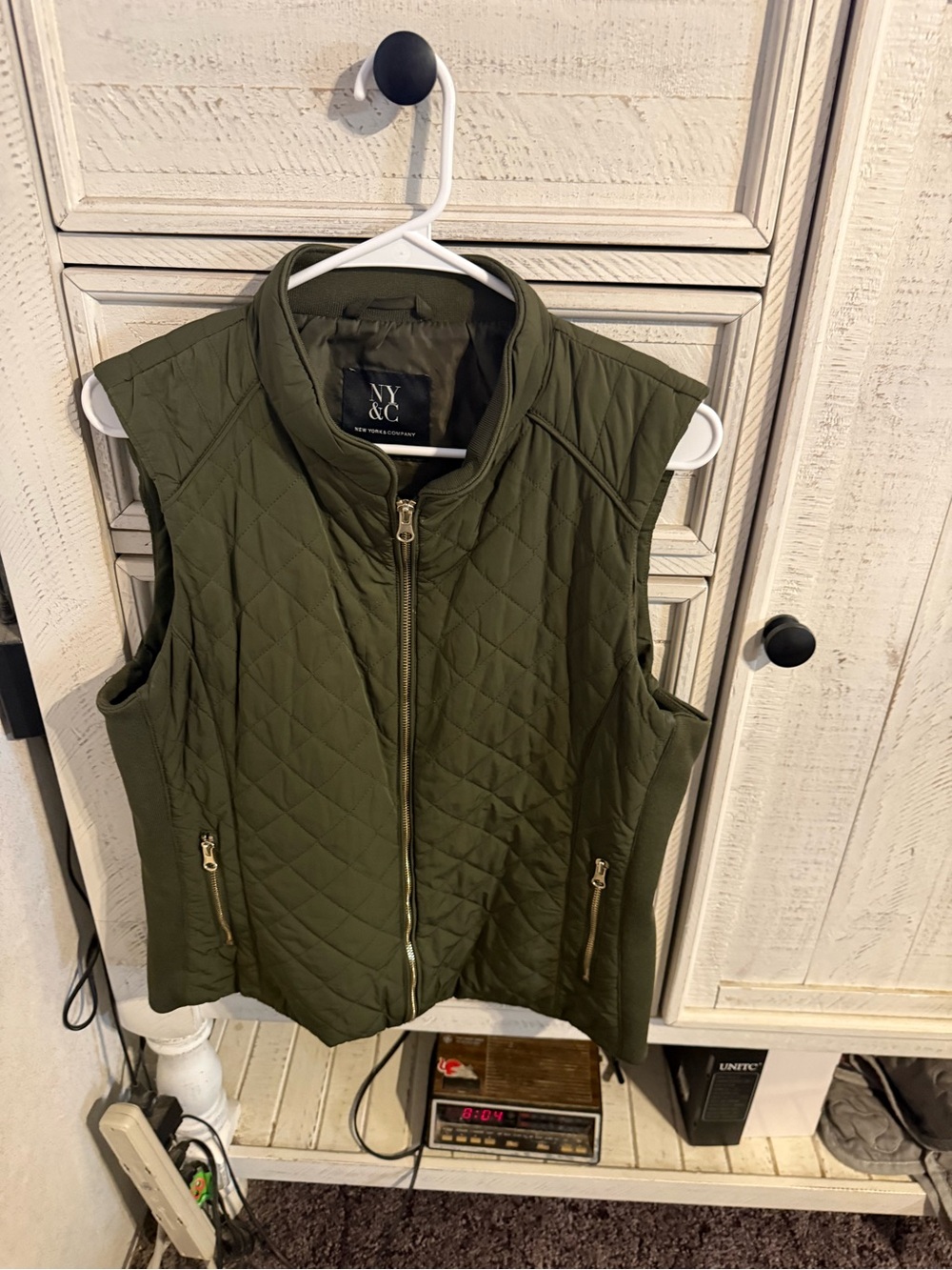 New York & Company Olive Quilted Sleeveless Vest with Gold Zippers